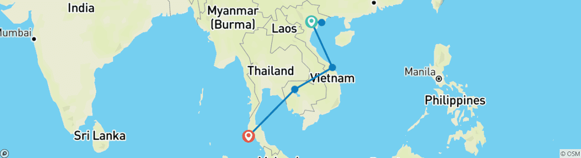 Map of 10 Days Across Vietnam, Cambodia & Thailand - Private Tour