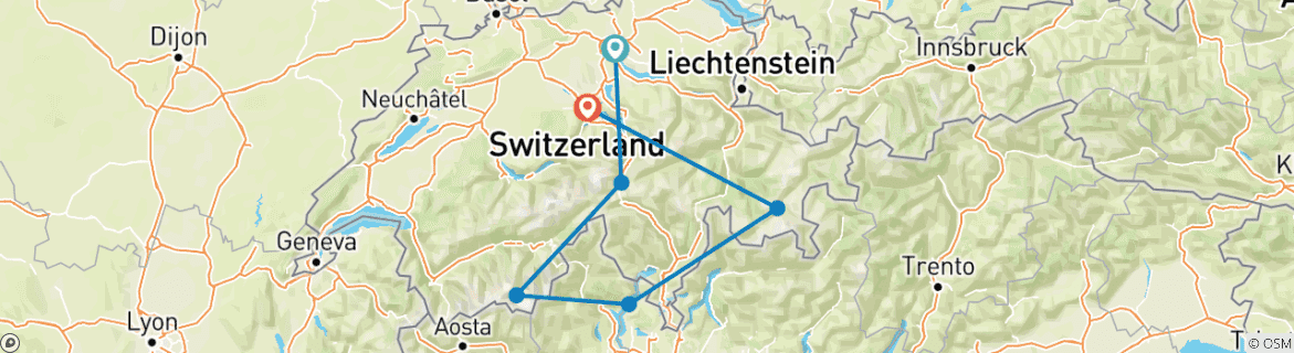 Karte von Alpine Lakes & Scenic Trains mit einer Kreuzfahrt auf dem Lago Maggiore und Panoramazügen in der Schweiz und Italien (Zürich bis Luzern) (2025)