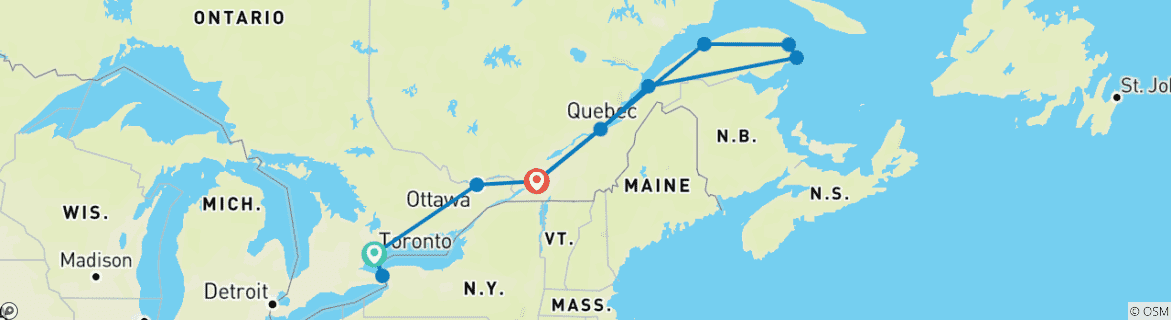 Map of Quebec - 15 days adventure trip