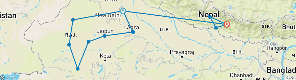 Foto van een kaart met de route van de rondreis