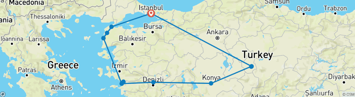 Image of a map showing the route of the tour