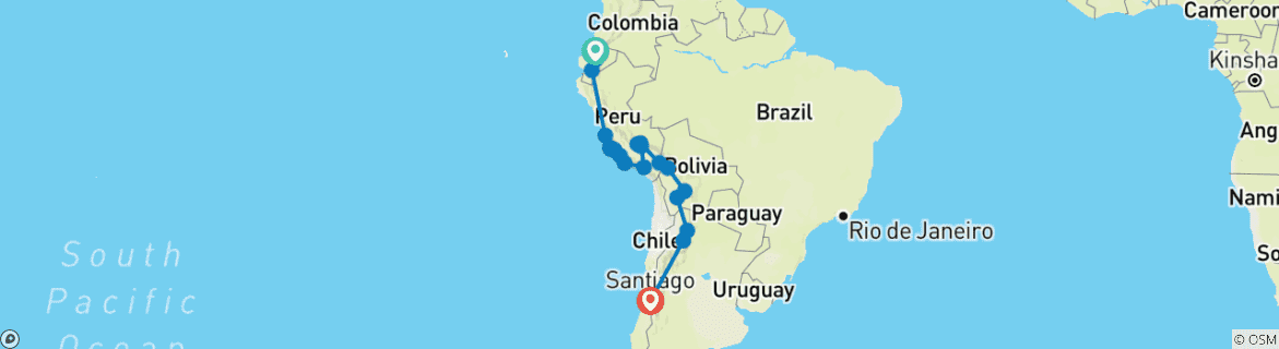 Map of QUITO to SANTIAGO (53 days) Andes & Amazon