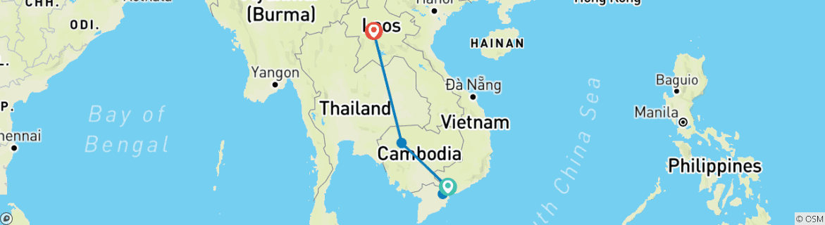 Map of 10 Days Enjoy the Beauty of Indochina including Vietnam, Laos, and Cambodia