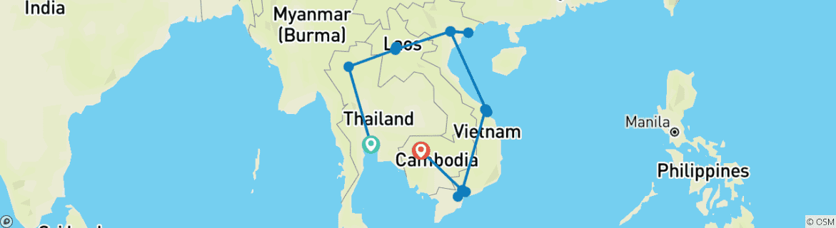 Carte du circuit Thaïlande, Laos, Vietnam et Cambodge - 21 jours