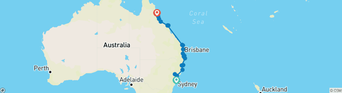 Map of Sydney to Brisbane Adventure (from Sydney to Cairns)