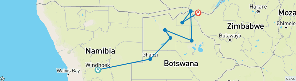 Carte du circuit Safari terrestre de la Namibie aux chutes Victoria