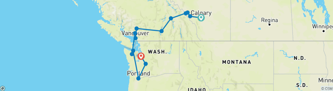 Carte du circuit Aventure dans les Rocheuses canadiennes et le nord-ouest du Pacifique