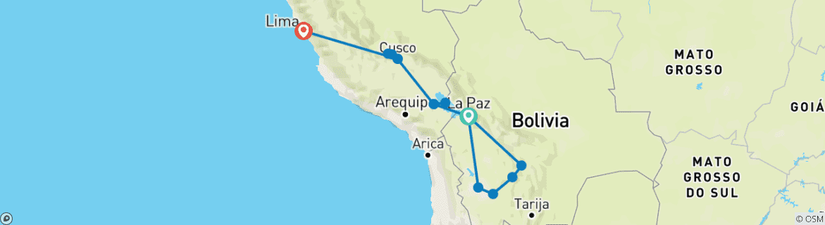 Map of Bolivia to Peru: Lakes, Salt Flats & Machu Picchu