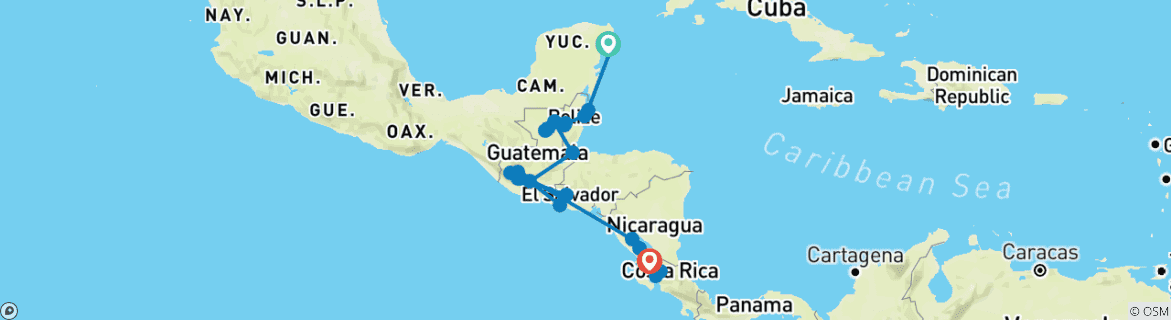 Carte du circuit L'Amérique centrale en sept pays : Du Mexique au Costa Rica