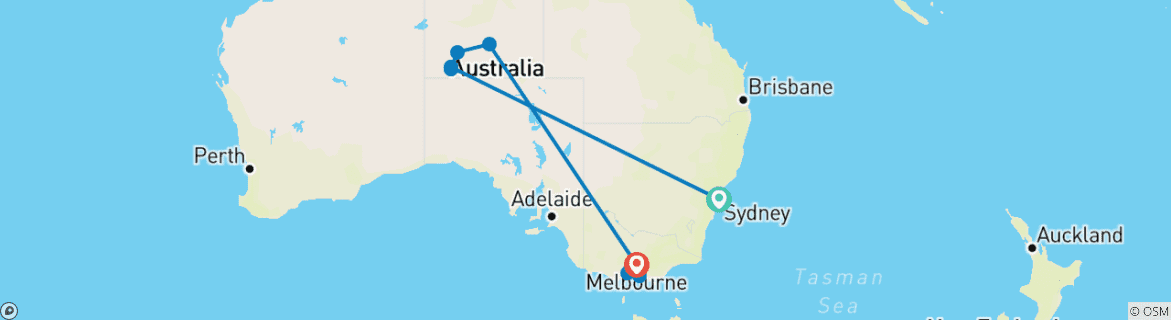 Carte du circuit L'Australie légendaire - Villes célèbres et le Centre Rouge