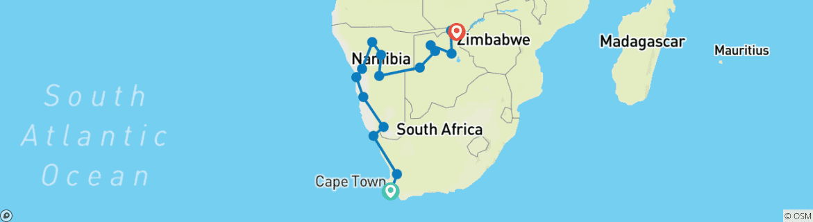 Map of Cape Town to Victoria Falls Overland Safari