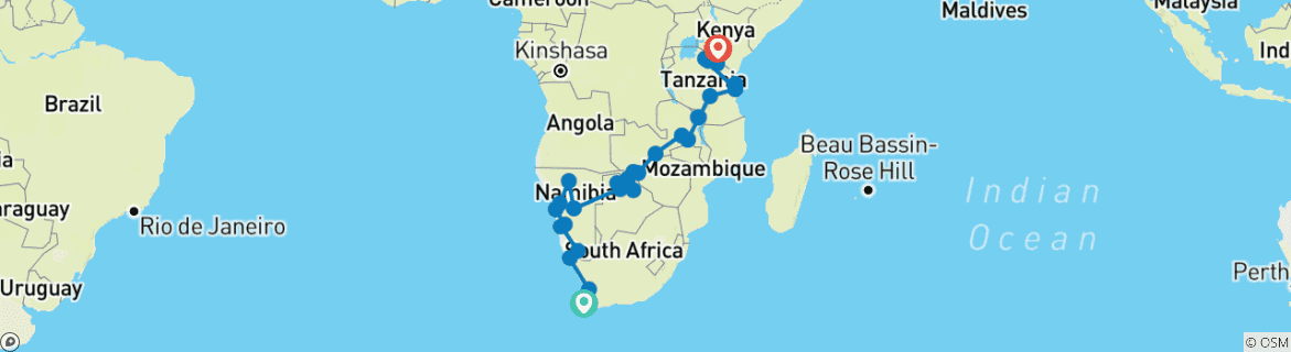 Carte du circuit Safari terrestre du Cap à Nairobi