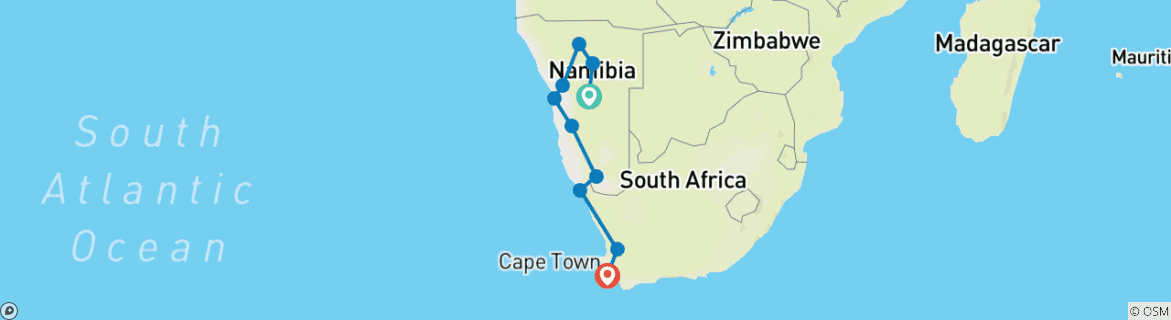 Carte du circuit Safari terrestre de la Namibie au Cap