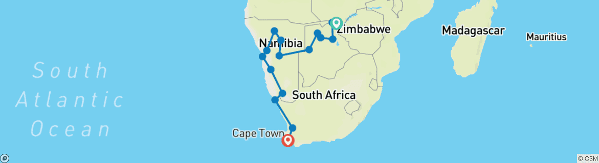 Map of Victoria Falls to Cape Town Overland Safari