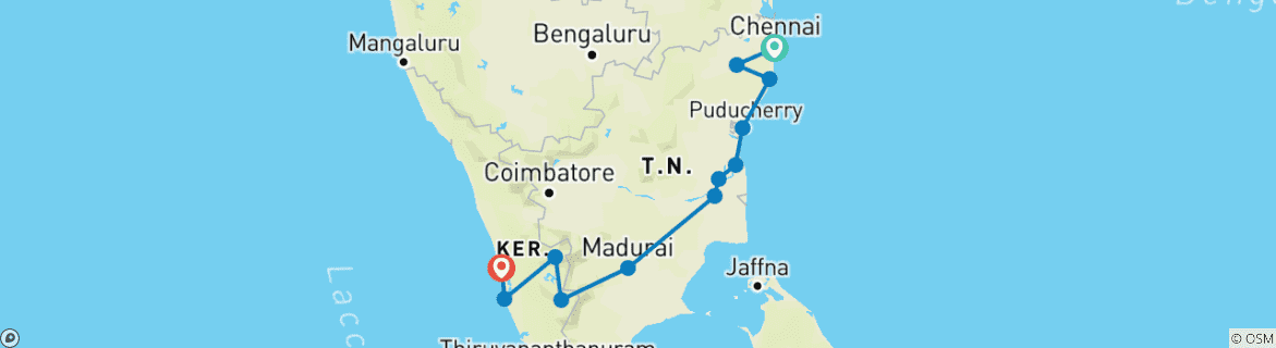 Map of Exotic Tamil Nadu And Kerala Tour