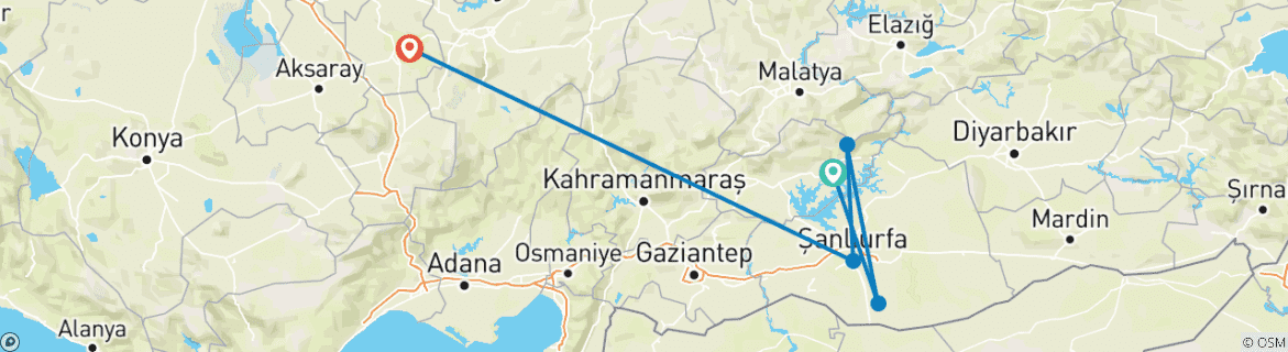 Map of 2 Night Nemrut, Sanliurfa, and Harran Tour from Cappadocia