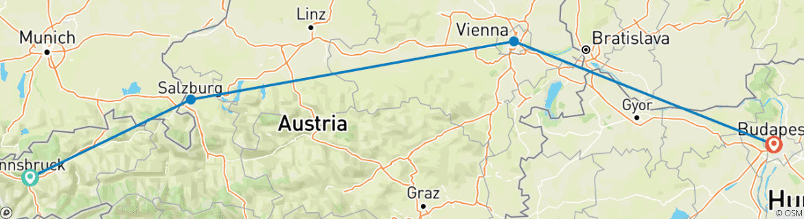 Map of Austria and Hungary in 9 days (Covering Innsbruck, Salzburg, Vienna and Budapest)