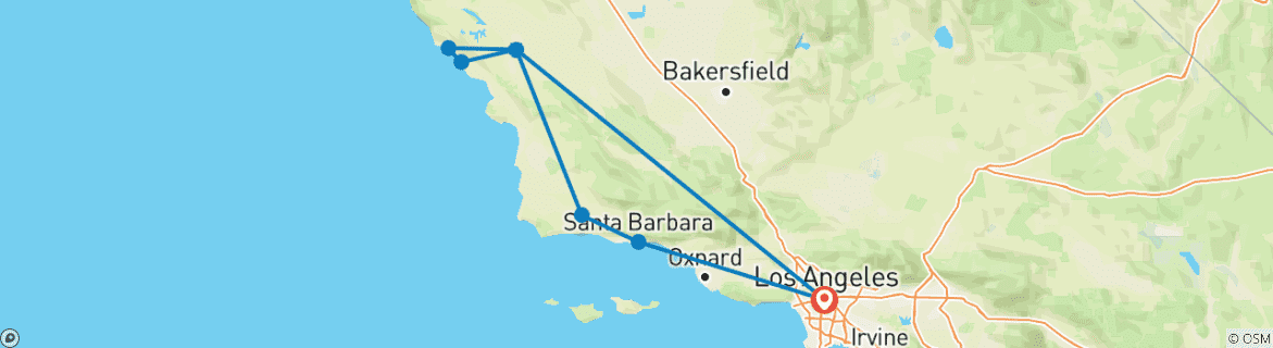 Map of California's Central Coast from Los Angeles: Santa Barbara, Solvang, Hearst Castle & Wine Country