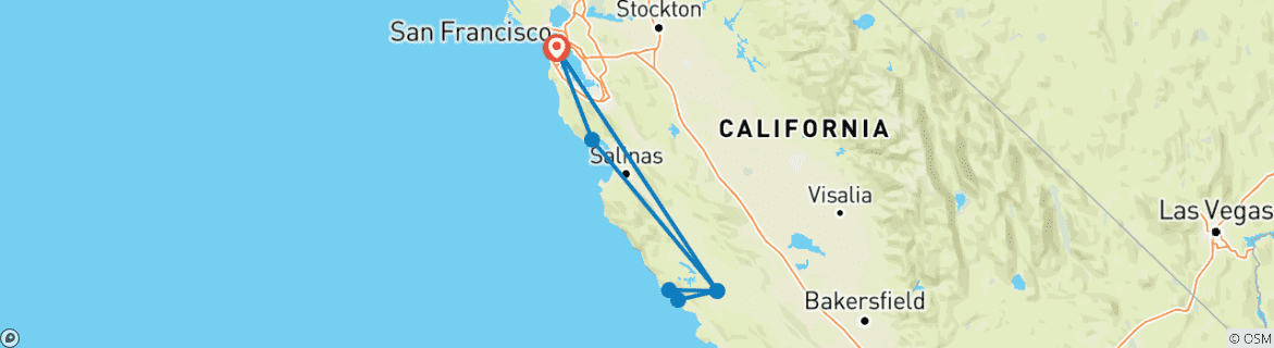 Map of California's Central Coast from San Francisco: Coastal Redwoods, Santa Cruz, Hearst Castle & Wine Country