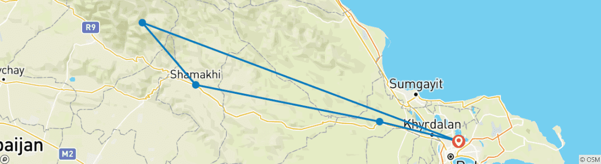 Map of 3 day intensive Azerbaijan private tour