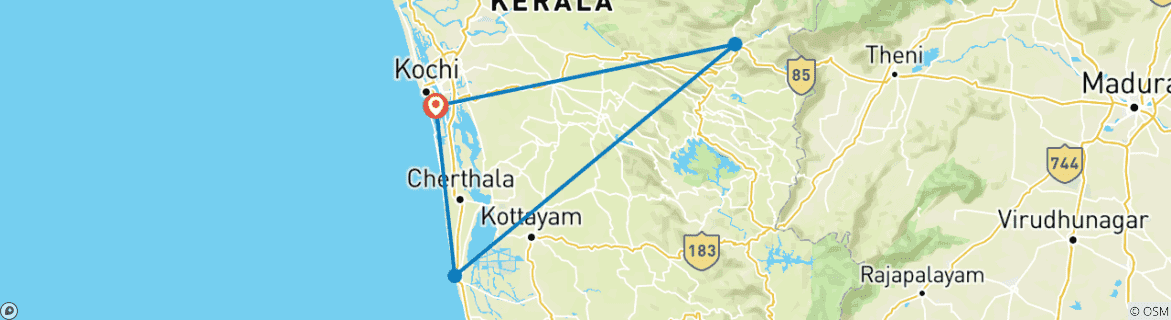 Map of South India Tour with Overnight in Houseboat (Cochin, Munnar and Alleppey)