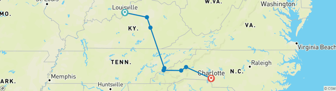 Map of Bluegrass Country & the Smoky Mountains featuring Louisville, Lexington, Gatlinburg & Asheville (Louisville, KY to Asheville, NC) (2025) (8 destinations)