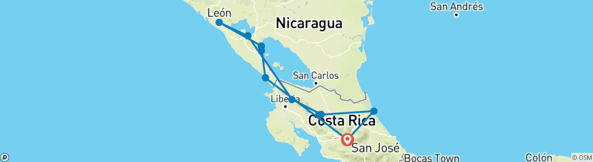 Map of Costa Rica - Nicaragua: colonial treasures & lush nature