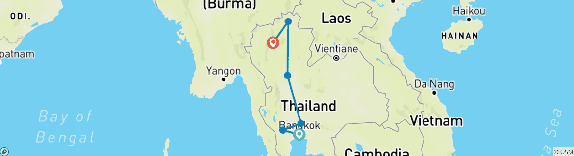 Kaart van Noord-Thailand Caleidoscoop (groepsreis, zonder Bangkok)