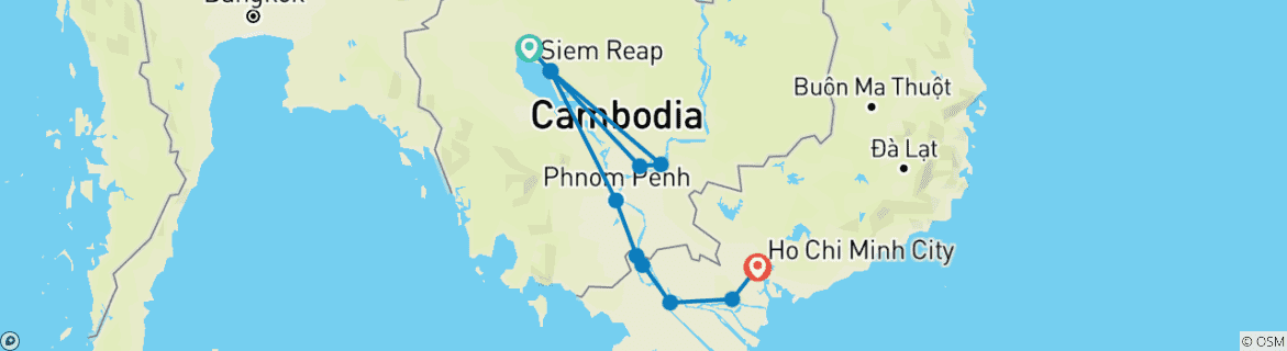 Map of Heritage Line (Jayavarman, Ho Chi Minh City - Siem Reap) (from Siem Reap to Ho Chi Minh City)