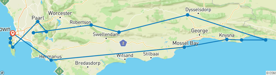 Foto van een kaart met de route van de rondreis