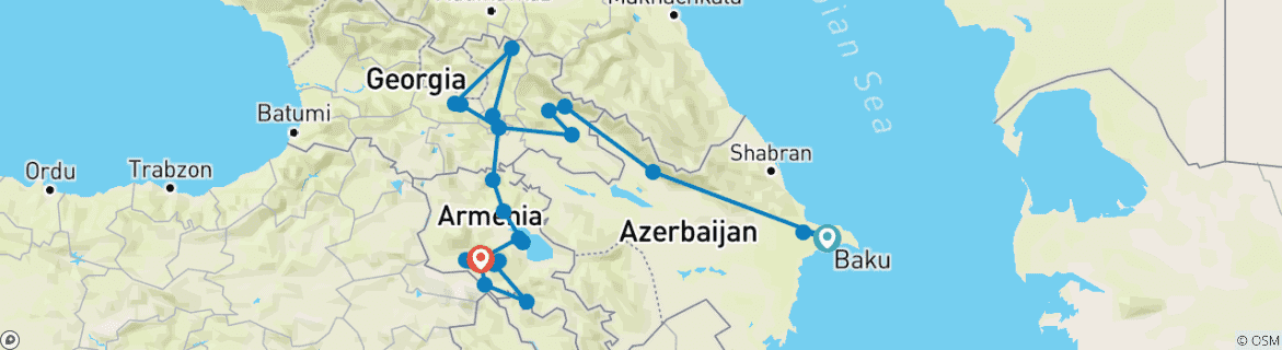 Map of Azerbaijan, Georgia, Armenia Highlighs 14 days