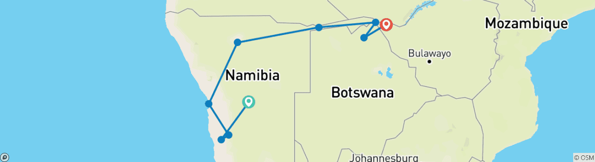 Mapa de 14 días de maravillas naturales en Namibia, Botsuana y Zimbabue