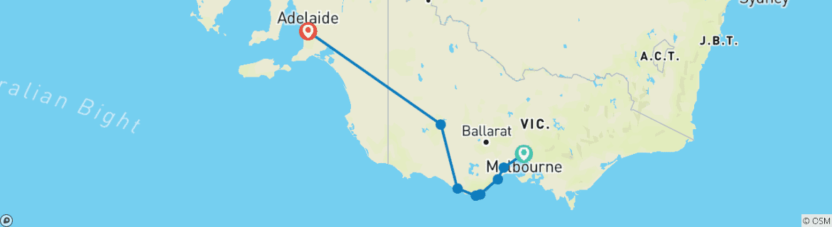 Map of 2 Day Melbourne to Adelaide Overland Journey