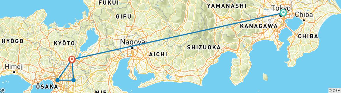 Map of 3 Day Kyoto, Osaka & Nara Tour from Tokyo