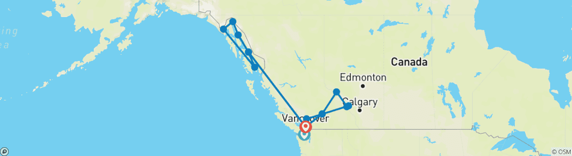 Mapa de Crucero Grandeza de las Rocosas y Paso Interior de Alaska 2025|2026 - 18 Días