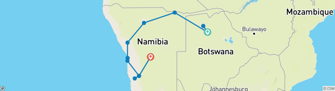 Mapa de Botsuana y Namibia: Delta y Dunas