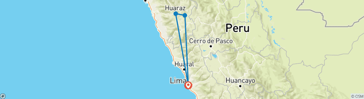 Map of Peru: Lima to Huaraz (6 Days)