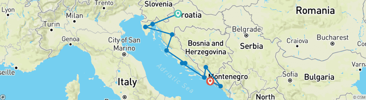 Kaart van Kroatië, Mostar & Montenegro - 11 dagen