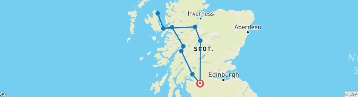 Map of Glasgow to Skye & Loch Ness (Hotel) - 3 days