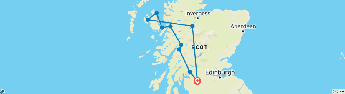 Mapa de De Glasgow a Skye y el Lago Ness - 3 días