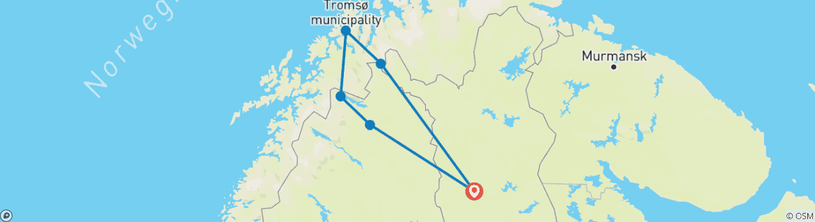 Map of Grand Lapland Tour, Finland, Sweden and Norway (departure from Rovaniemi)