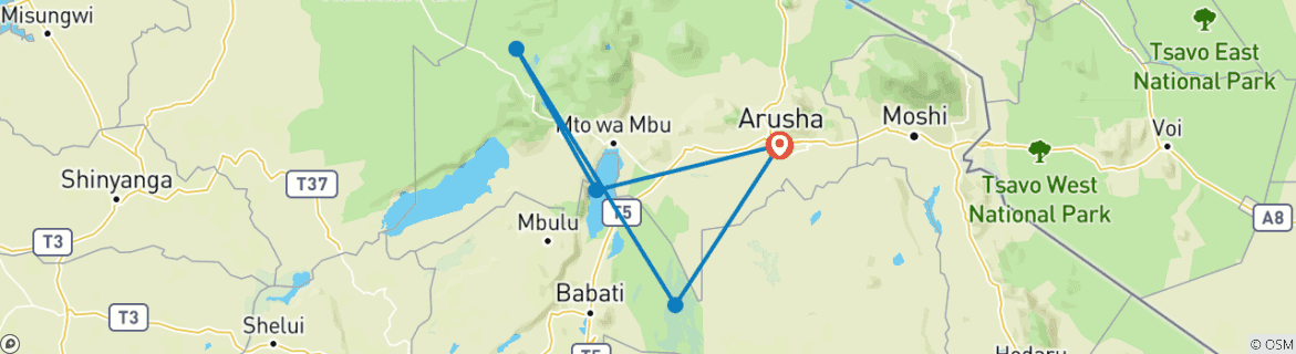 Map of 3-Day Tarangire, Ngorongoro & Manyara Impressive Safari