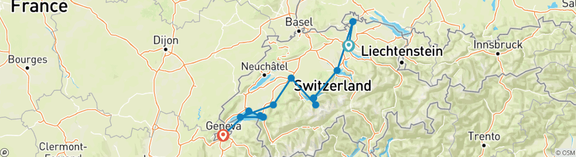 Mapa de Viaje en grupo a la Suiza Encantadora