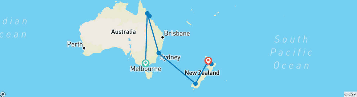 Mapa de Panorama de Australia y Nueva Zelanda (con vuelos internos, 2024/2025, 15 días)