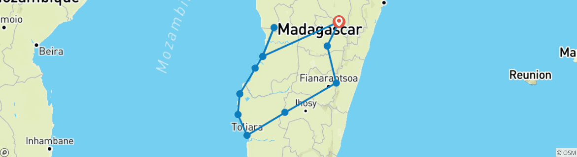 Carte du circuit Découverte sur mesure du Grand Anneau de Madagascar en 10 jours, avec guide privé et jeep