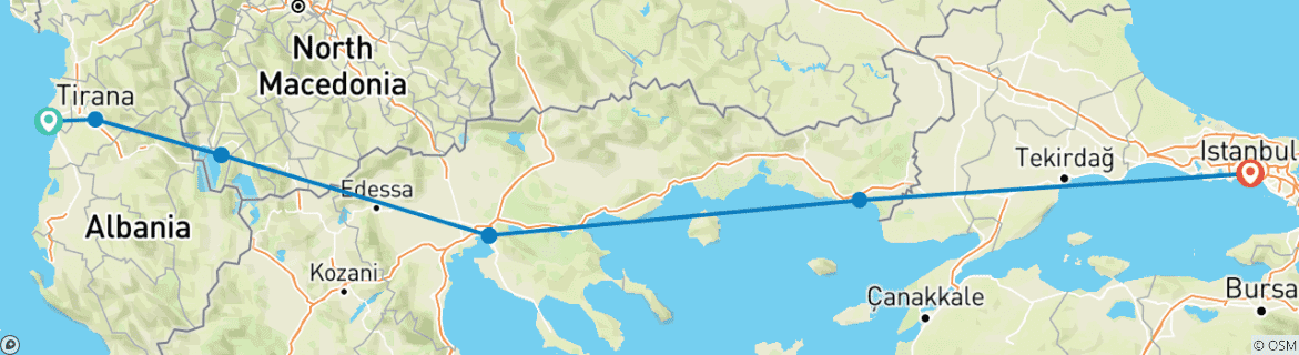 Map of Along the Via Egnatia. From Durres to Istanbul