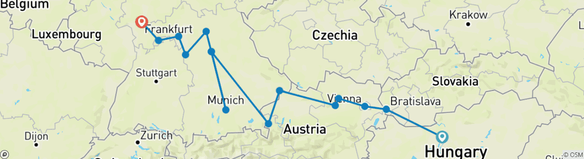 Map of Christmastime from Budapest to Frankfurt