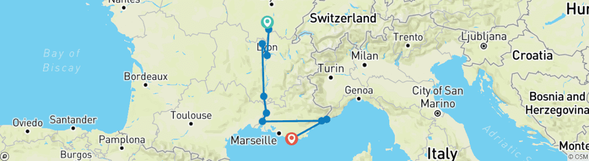 Carte du circuit Bourgogne et Provence avec 2 nuits sur la Côte d'Azur pour les amateurs de vin (vers le sud) 2026