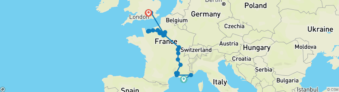 Mapa de Una experiencia culinaria en la Gran Francia con 2 noches en la Costa Azul y 3 noches en Londres (en dirección norte) 2026