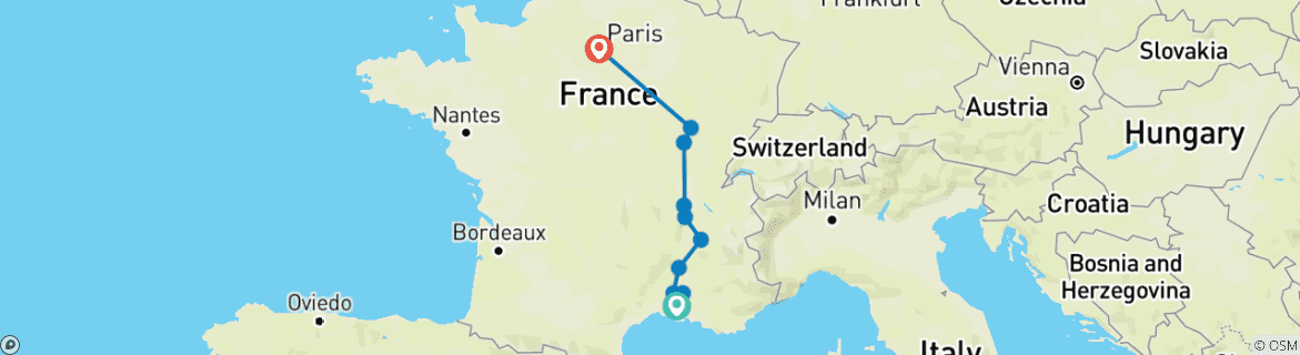 Carte du circuit Bourgogne et Provence avec 2 nuits à Paris pour les amateurs de jazz (vers le nord) 2026